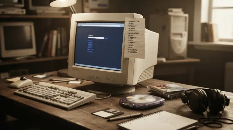 Computadora de finales de los años 90 representando los primeros días de Google junto a elementos de la cultura musical de 1998.