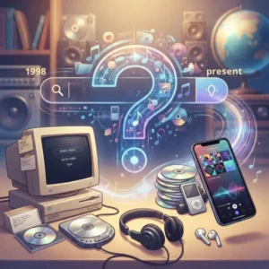 Google Trivia Trivia sobre Google, Internet y la evolución del descubrimiento musical representada con tecnología de distintas épocas.