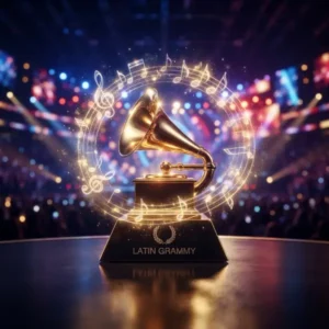Estatuilla brillante representativa de los premios Latin Grammy rodeada de notas musicales y un fondo de luces de escenario de concierto.