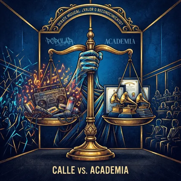 Ilustración conceptual de estilo editorial que representa el debate entre la música popular y los criterios de la Academia de los Latin Grammy.