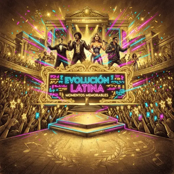 Ilustración editorial que representa la grandeza histórica y los momentos cumbre de la música latina en los Latin Grammy.
