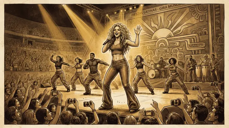 Ilustración de estilo histórico que evoca el impacto de la música latina en los escenarios globales a finales de los noventa.