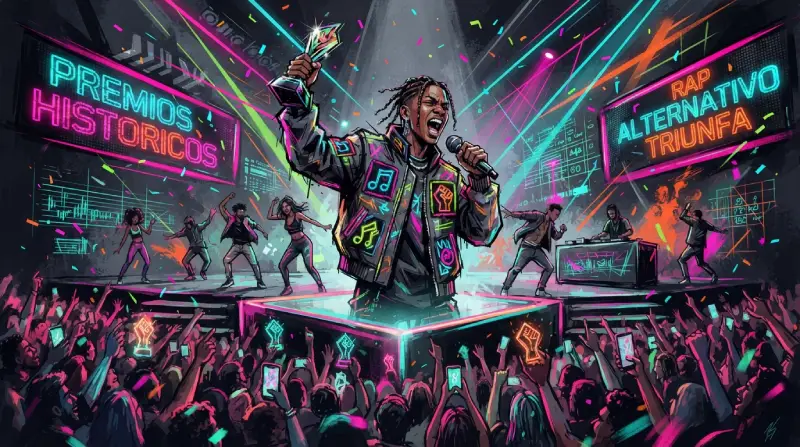 Ilustración de estilo contemporáneo que captura la euforia de una noche de múltiples galardones en un gran escenario musical.