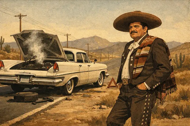Recreación editorial de José Alfredo Jiménez y el Chrysler Imperial blanco que inspiró El Caballo Blanco durante un viaje por carretera.