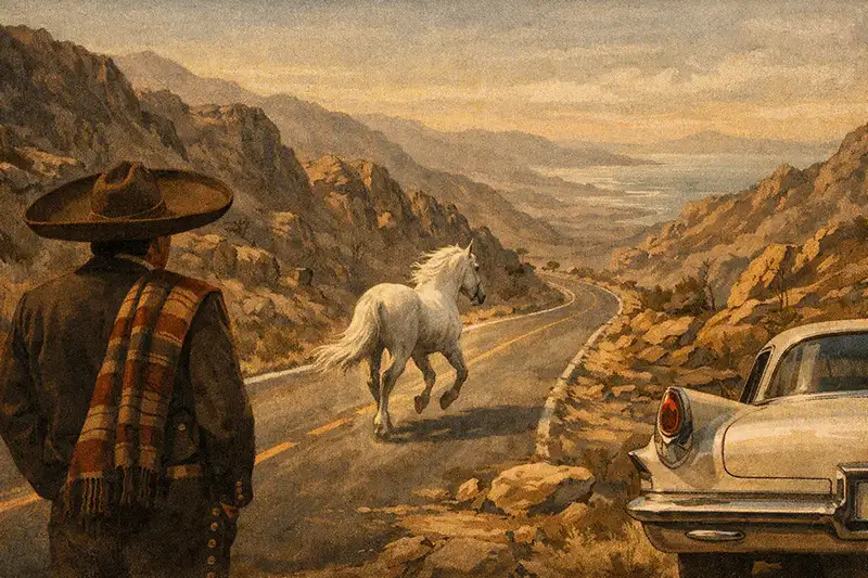 Recreación editorial del caballo blanco asociado al viaje que inspiró el corrido de José Alfredo Jiménez por el noroeste de México.