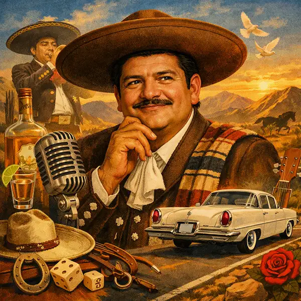 Ilustración editorial de José Alfredo Jiménez rodeado de elementos relacionados con su trayectoria y canciones.