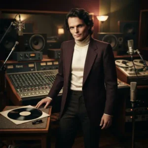 M Bosé Trivia Miguel Bosé joven durante la etapa del álbum Miguel de 1980, recreado en un estudio de grabación con estética musical de comienzos de los años ochenta.