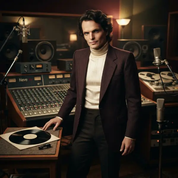 Miguel Bosé joven durante la etapa del álbum Miguel de 1980, recreado en un estudio de grabación con estética musical de comienzos de los años ochenta.