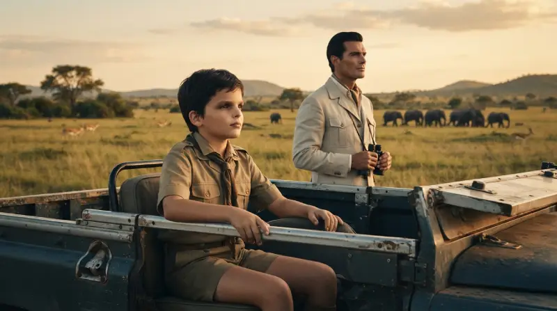 Representación de Miguel Bosé niño durante una recreación editorial de su safari familiar en Mozambique.