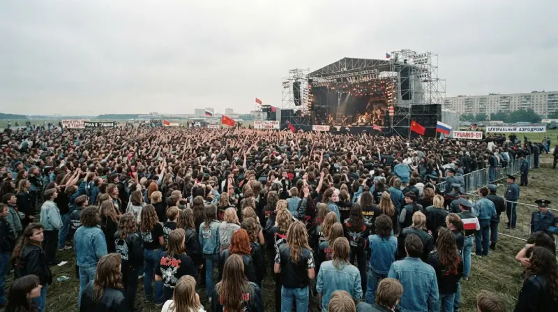 Multitud de jóvenes reunida frente al escenario del Monsters of Rock en Tushino, Moscú, en 1991.