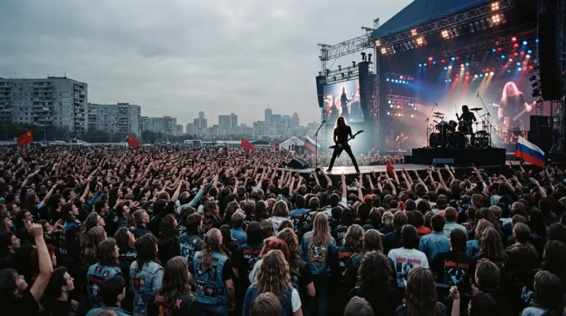 Jóvenes soviéticos observan un espectáculo de heavy metal durante el histórico festival de Tushino en Moscú.