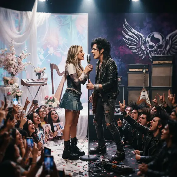 Una cantante pop y un músico de glam rock comparten escenario mientras dos estéticas musicales representan el debate entre pop y rock.