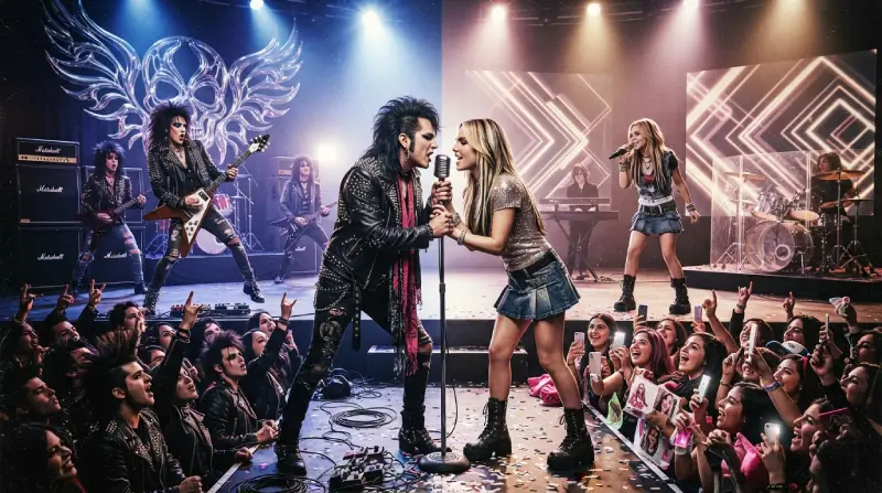 Una banda de rock y una cantante pop comparten escenario mientras dos públicos representan el choque entre ambos géneros.