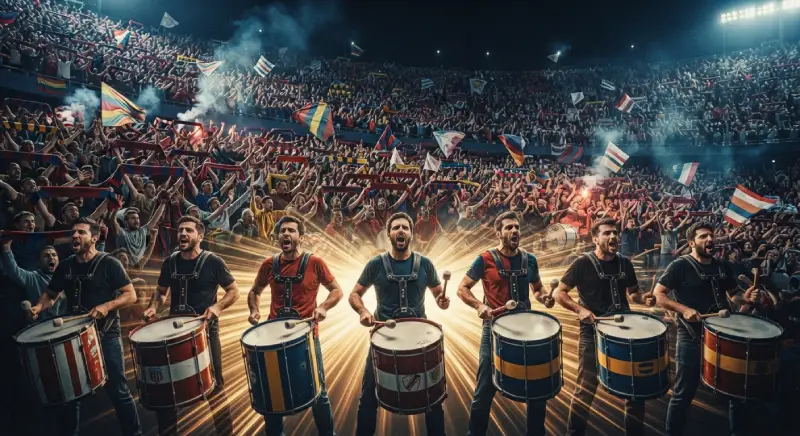 Aficionados cantando juntos en un estadio de fútbol durante un partido.