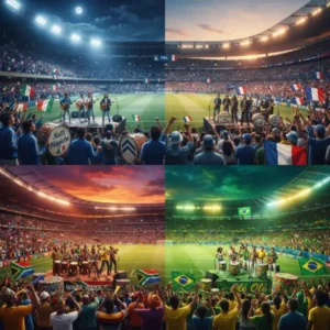 Estadio de fútbol con aficionados y elementos musicales que representan distintas épocas de los himnos de los Mundiales.