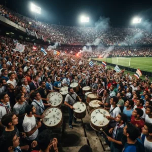 Multitud internacional cantando y tocando bombos de murga en un estadio de fútbol durante una celebración musical inspirada en la historia de las canciones de los Mundiales.