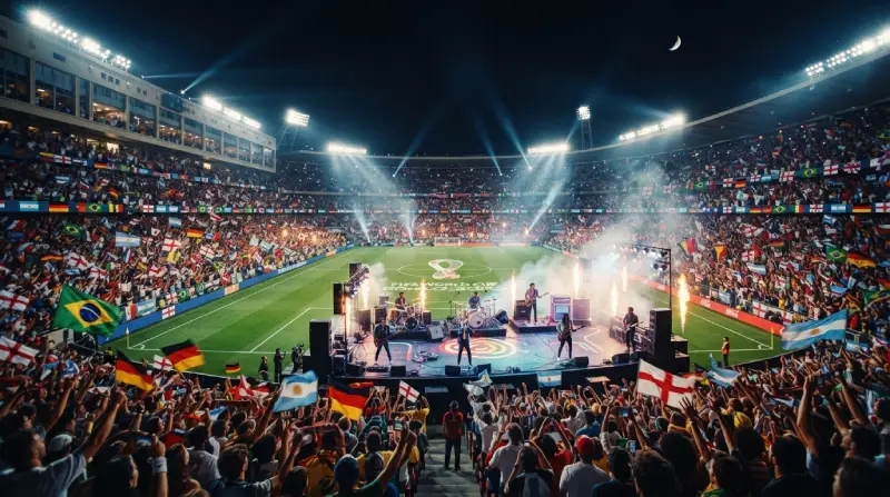 Estadio de fútbol convertido en escenario musical durante una celebración internacional.