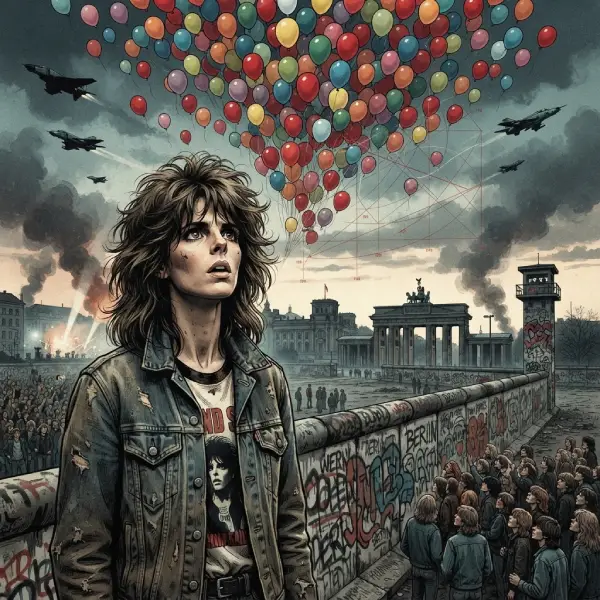 “Nena observa 99 globos sobre un Berlín dividido mientras un radar y aviones evocan la tensión de la Guerra Fría.”