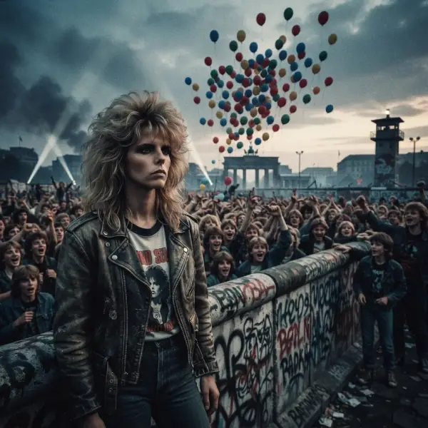 “Nena frente a globos que se elevan sobre un Berlín dividido durante la Guerra Fría.”