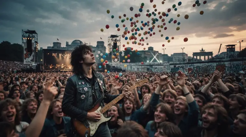 “Un guitarrista observa globos elevarse sobre un concierto en Berlín mientras el viento los lleva hacia el Muro.”