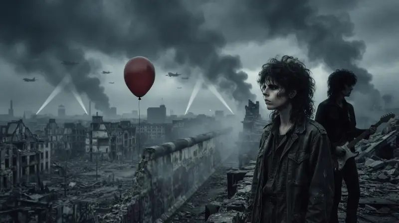 “Un globo rojo permanece en el cielo sobre un Berlín sombrío mientras aviones militares simbolizan la escalada de la Guerra Fría.”