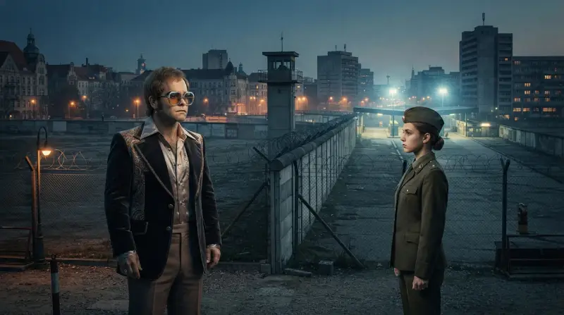 Músico inspirado en Elton John observa desde el otro lado de una frontera a una guardia durante la Guerra Fría.
