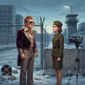 Artista inspirado en Elton John y una guardia fronteriza inspirada en el videoclip de «Nikita», rodeados de elementos musicales y referencias a la Guerra Fría.