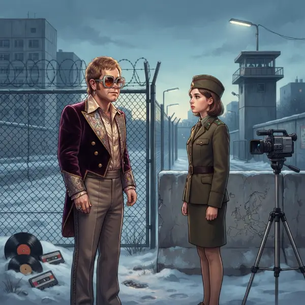 Artista inspirado en Elton John y una guardia fronteriza inspirada en el videoclip de «Nikita», rodeados de elementos musicales y referencias a la Guerra Fría.
