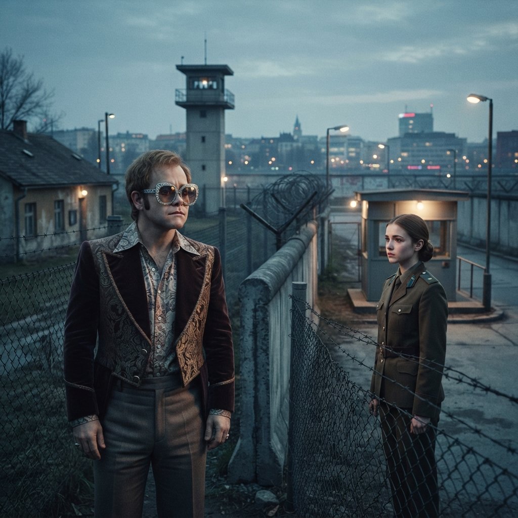 “Músico inspirado en Elton John observa a una guardia fronteriza al otro lado de una frontera durante la Guerra Fría, inspirada en la historia de «Nikita».”