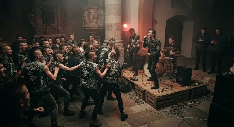 Concierto punk clandestino dentro de una iglesia de Alemania Oriental bajo la vigilancia discreta de agentes de la Stasi.