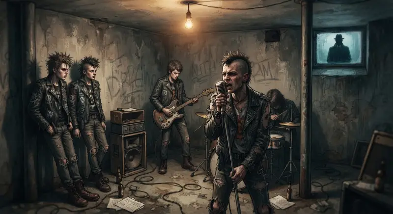Jóvenes punks de Alemania Oriental tocando clandestinamente en el sótano de un edificio mientras una figura observa desde el exterior.