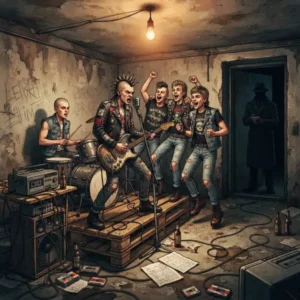 Jóvenes punks de Alemania Oriental reunidos en un sótano mientras una figura de vigilancia observa, representando una trivia sobre el Ost-Punk y la Stasi.