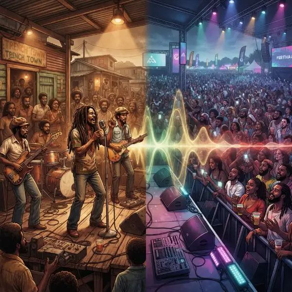 Ilustración que representa el debate entre las raíces sociales del reggae y su transformación en un fenómeno musical global.