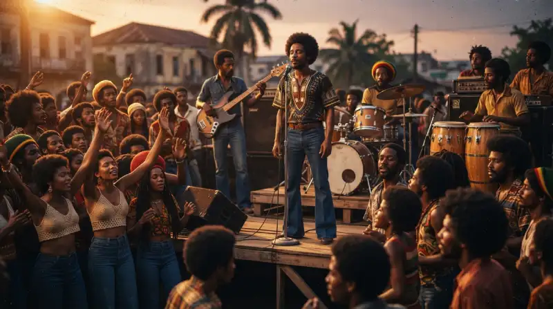 Concierto de reggae en Jamaica a comienzos de los años setenta, con músicos y público compartiendo un momento de identidad y esperanza.