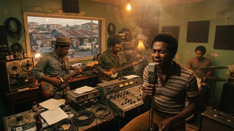 Músicos jamaicanos en un estudio de Kingston durante la transformación del ska y el rocksteady hacia el reggae.