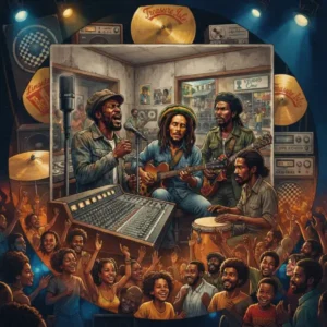 Ilustración editorial sobre la historia del reggae, desde sus raíces jamaicanas hasta su expansión internacional.