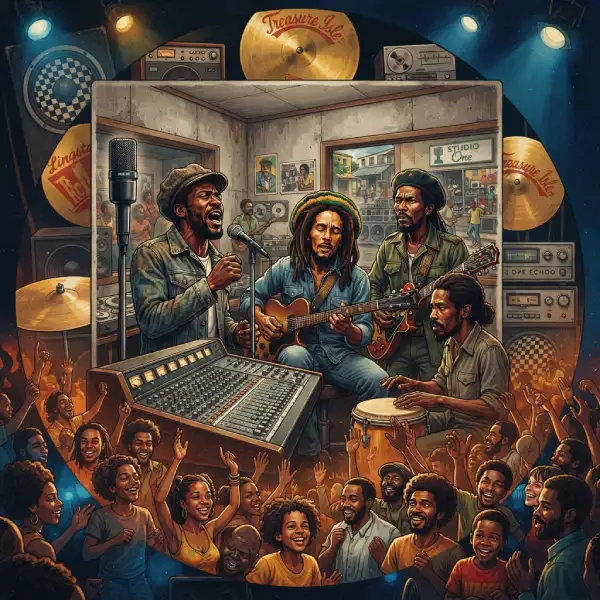 Ilustración editorial sobre la historia del reggae, desde sus raíces jamaicanas hasta su expansión internacional.