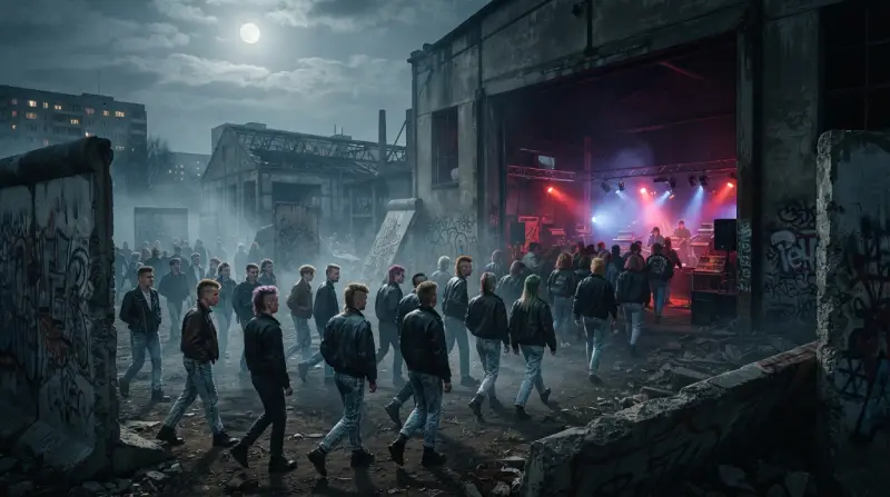 Jóvenes entrando en un edificio industrial abandonado de Berlín para una fiesta techno después de la caída del Muro.