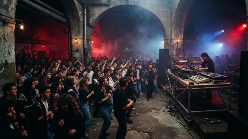 Una antigua bóveda industrial convertida en club techno donde jóvenes de Berlín Oriental y Occidental bailan juntos.