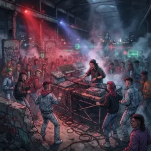 Techno y Ruinas trivia “Escena techno de los años 90 entre las ruinas de Berlín con referencias visuales a Detroit y la cultura rave.