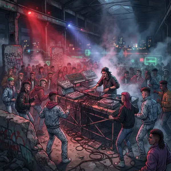 “Escena techno de los años 90 entre las ruinas de Berlín con referencias visuales a Detroit y la cultura rave.