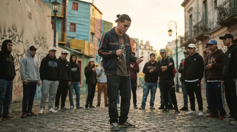 Trueno representado durante sus primeros años en el freestyle, con una recreación editorial inspirada en la cultura hip-hop de La Boca.