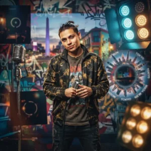 Trueno rodeado de elementos visuales que representan las diferentes etapas de su historia musical, desde el freestyle hasta TURR4ZO.