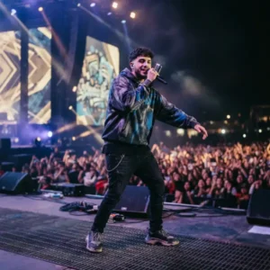 Trueno actuando en el escenario durante su gira TURR4ZO por Latinoamérica.
