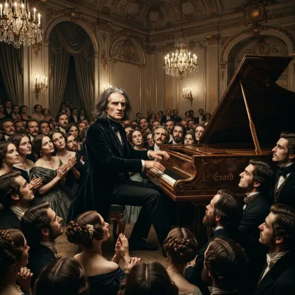 Franz Liszt ante un público fascinado, símbolo del nacimiento de la estrella musical antes de 1920.