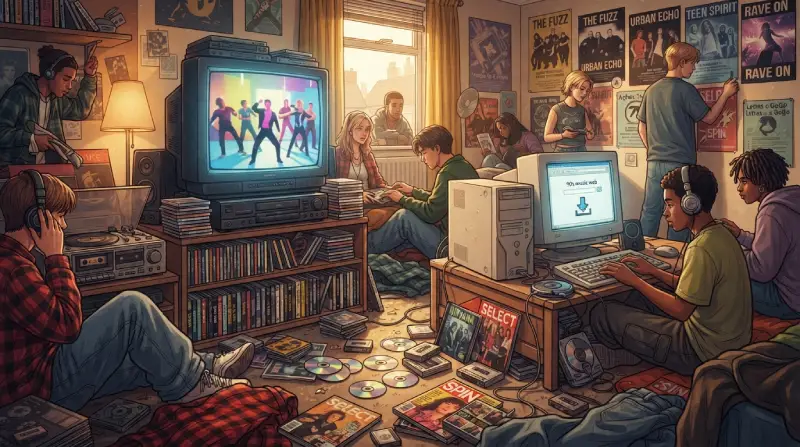 Escena editorial que representa la diversidad musical y la transición tecnológica de los años 90.