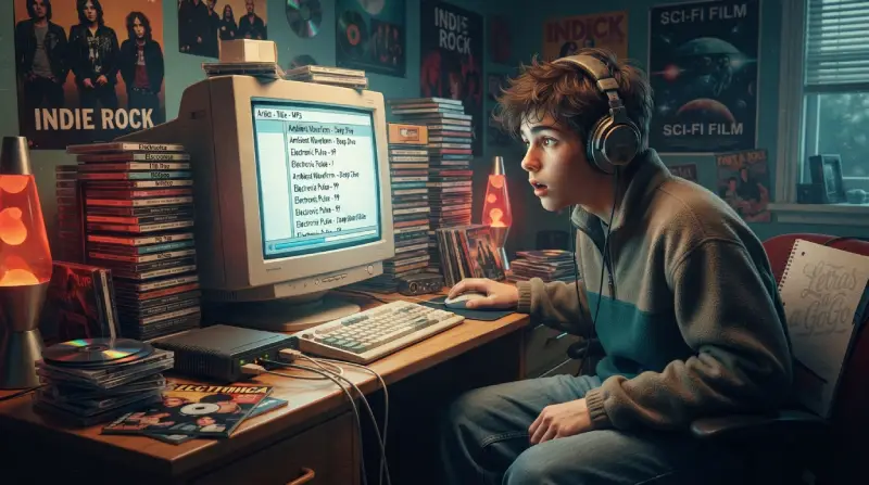 Una computadora de finales de los 90 simboliza la llegada del MP3 y el intercambio de música por Internet.