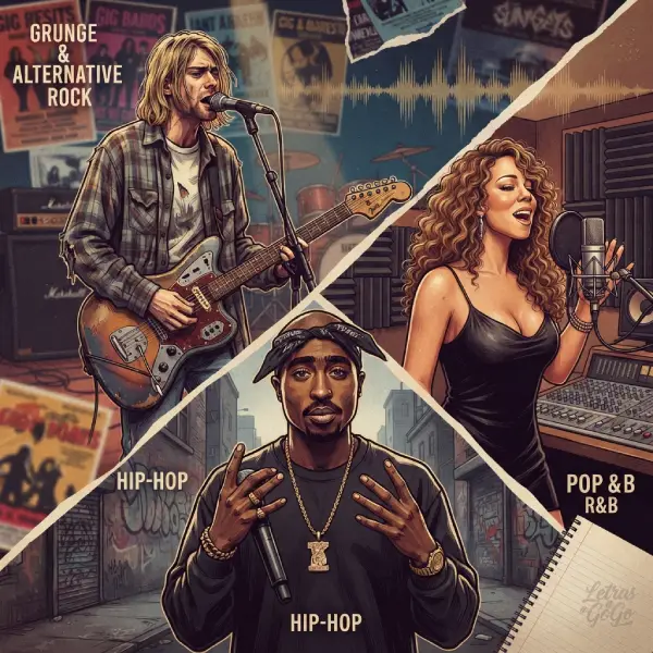 Ilustración comparativa de Nirvana, Tupac Shakur y Mariah Carey como representantes de distintos sonidos de los años 90.