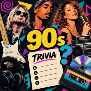 Ilustración editorial de una trivia sobre la música de los años 90 con referencias al rock, hip-hop, pop, electrónica y música latina.