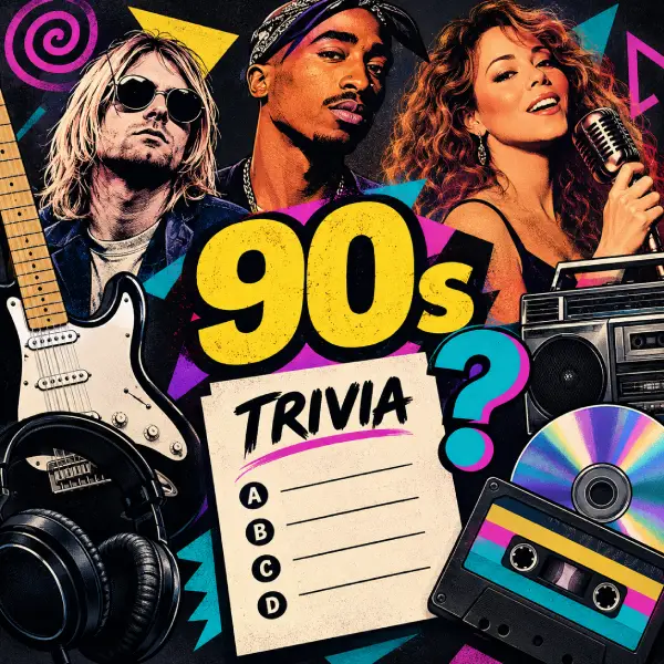 Ilustración editorial de una trivia sobre la música de los años 90 con referencias al rock, hip-hop, pop, electrónica y música latina.